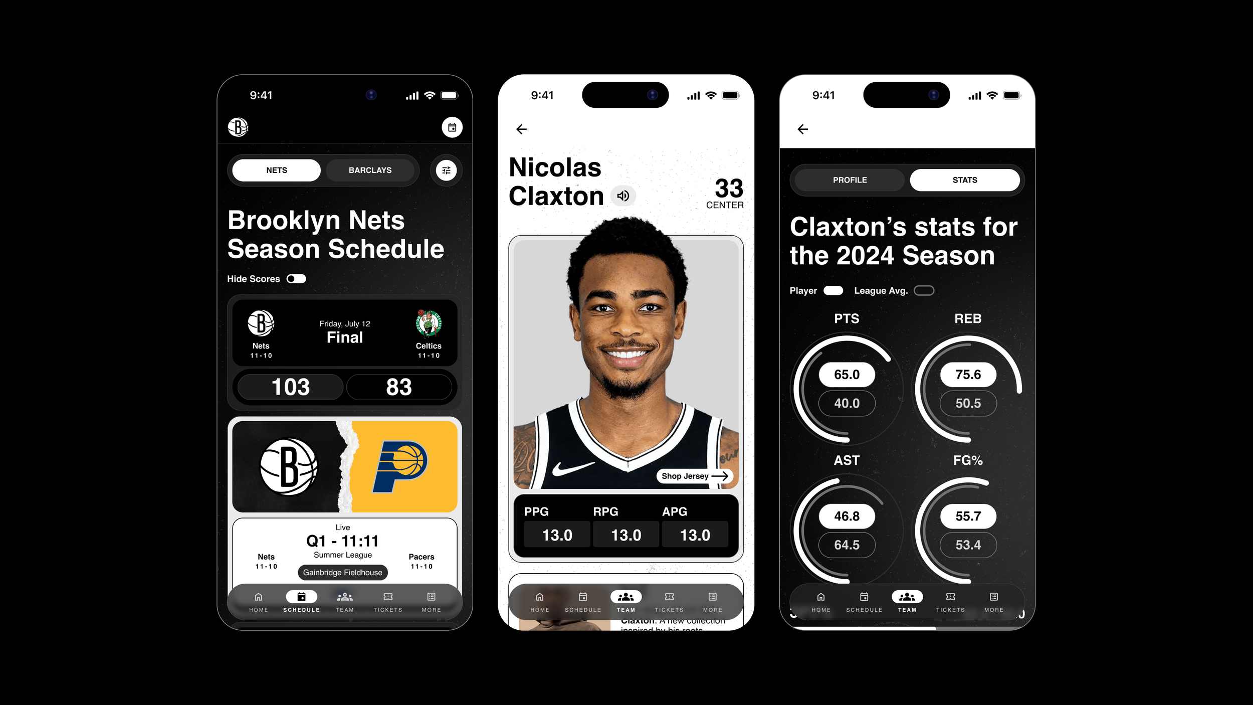 Season schedule, player profile, and stats screens