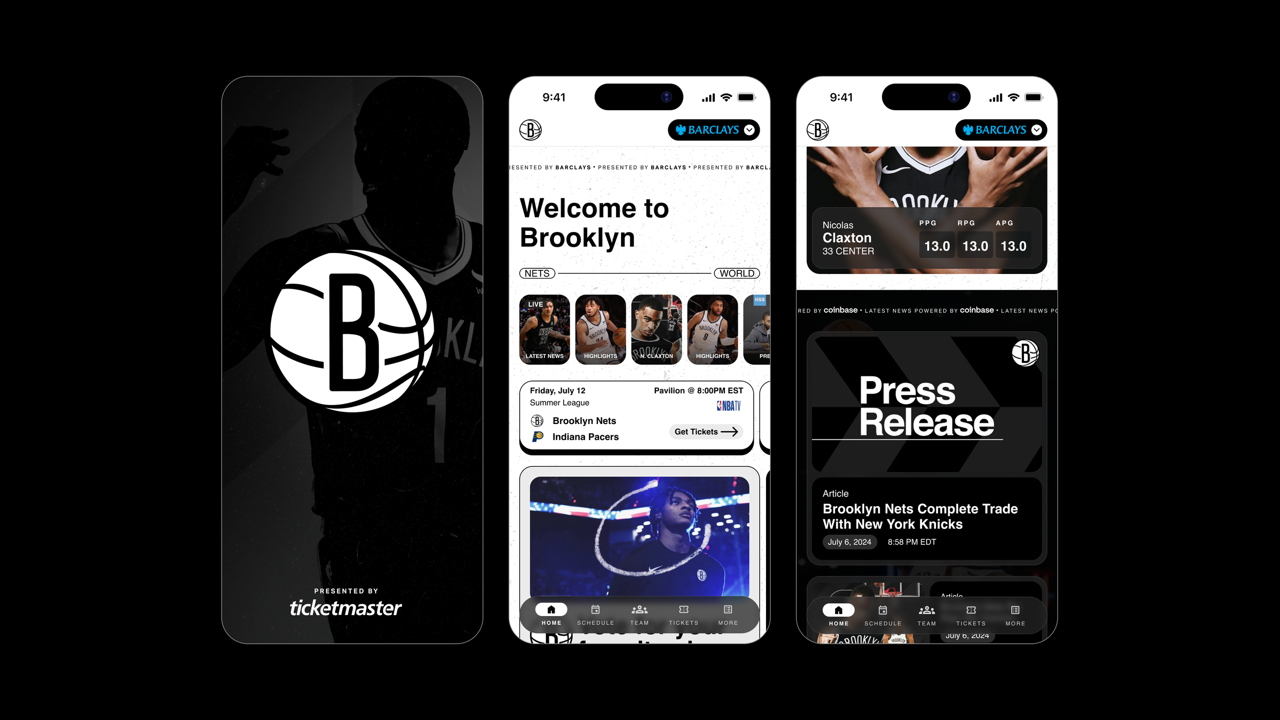 Splash screen, home feed, and press release screens