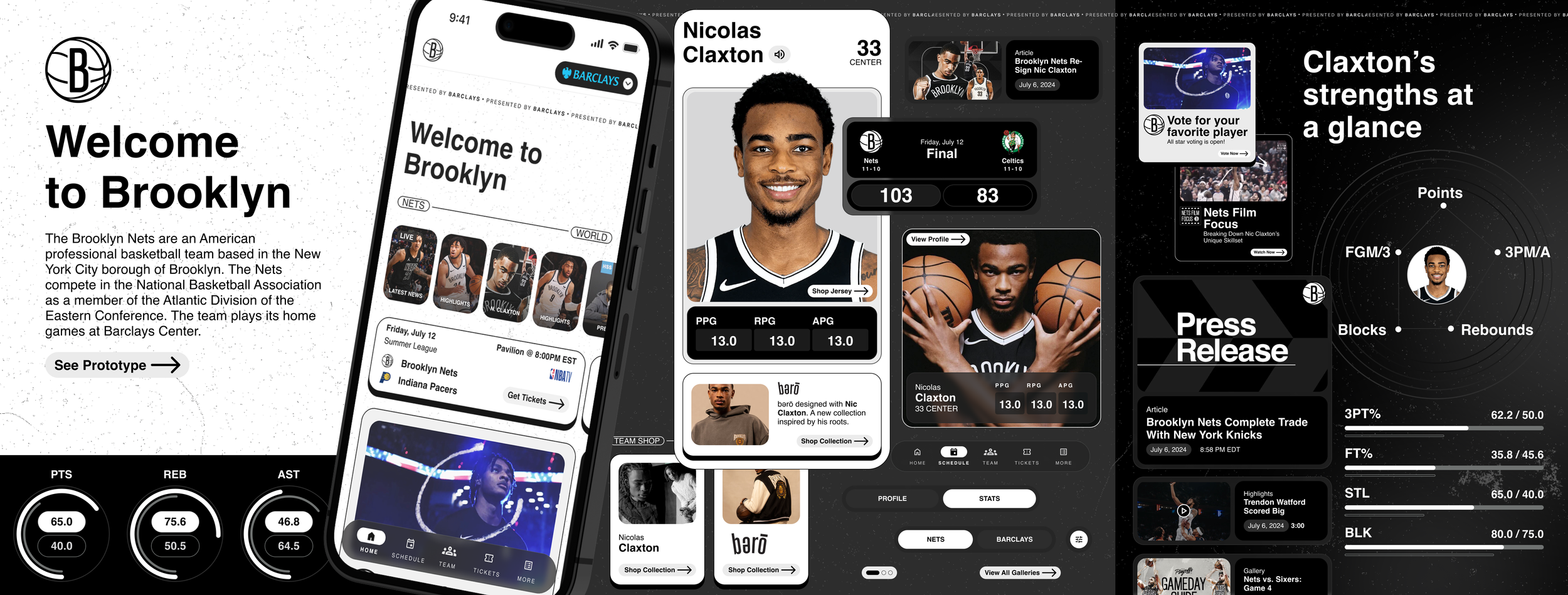 Welcome to Brooklyn — Nets-branded home feed, player card, and press release visual direction