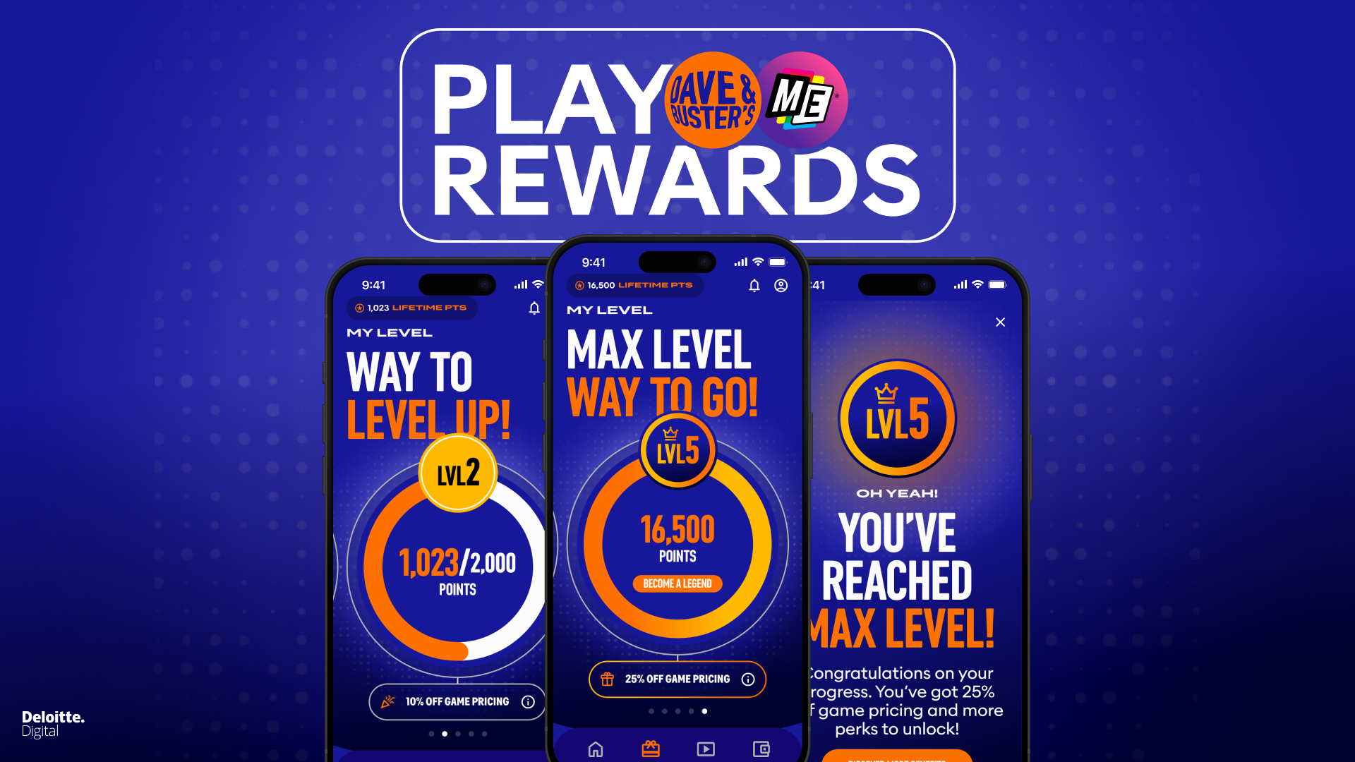 Play Rewards — Dave & Buster's and Main Event app intro, showing level-up progress screens