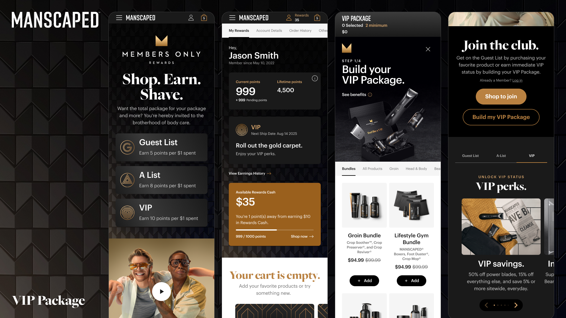 Manscaped VIP Package — loyalty portal, package builder, and marketing landing page screens
