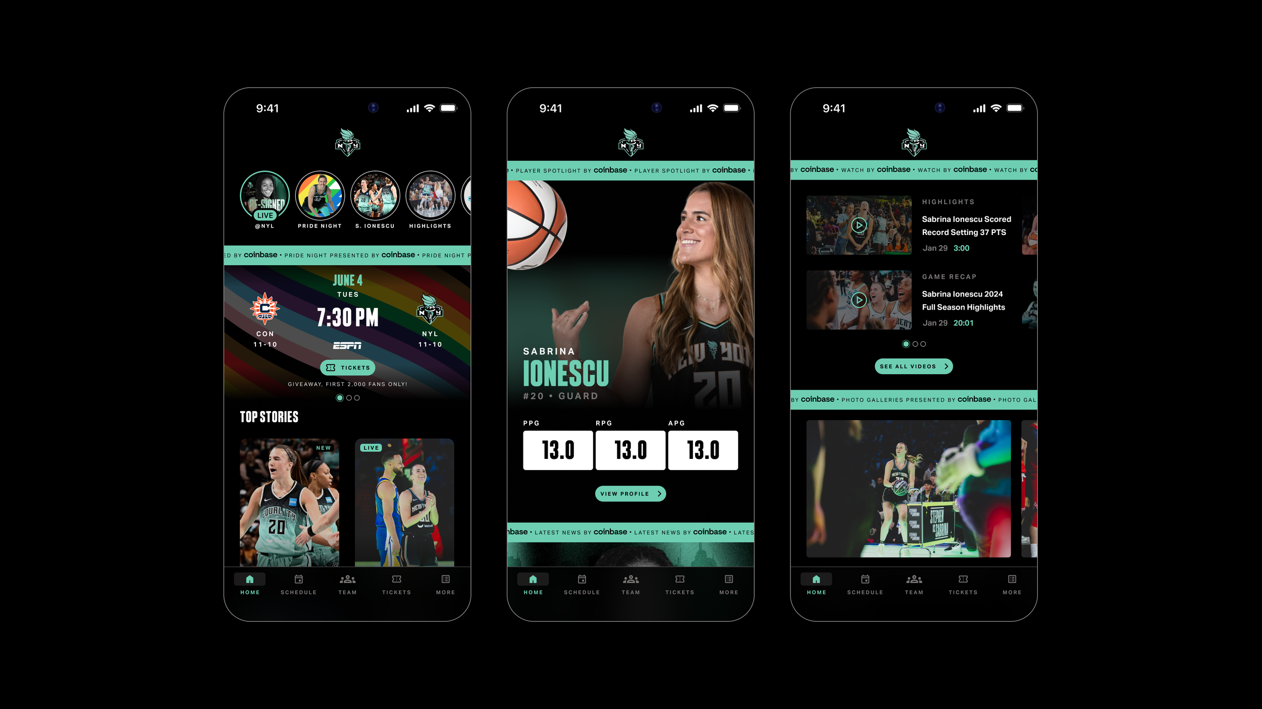 New York Liberty app — home feed, player spotlight, and highlights screens
