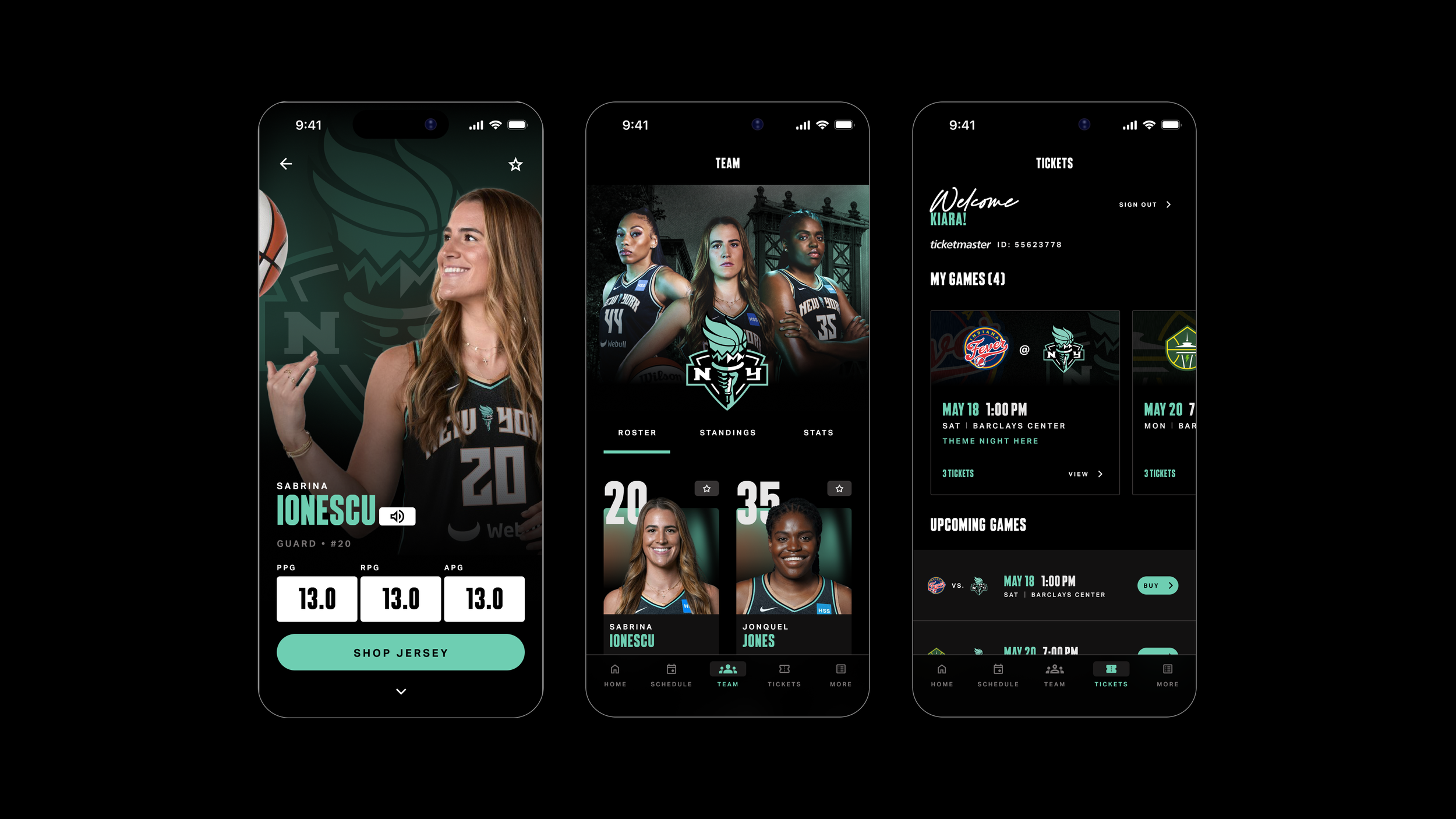New York Liberty app — player profile, team roster, and tickets screens