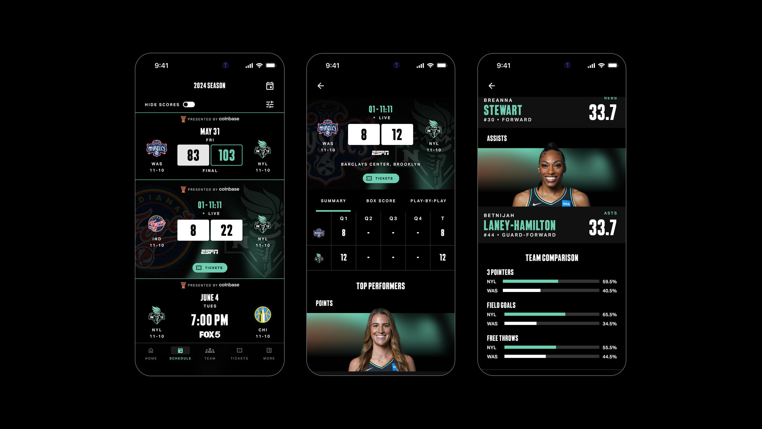 New York Liberty app — schedule, live box score, and team comparison stats screens