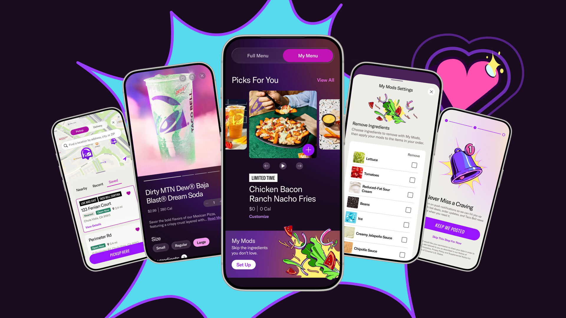 Taco Bell app — location, menu, my mods, and notification screens