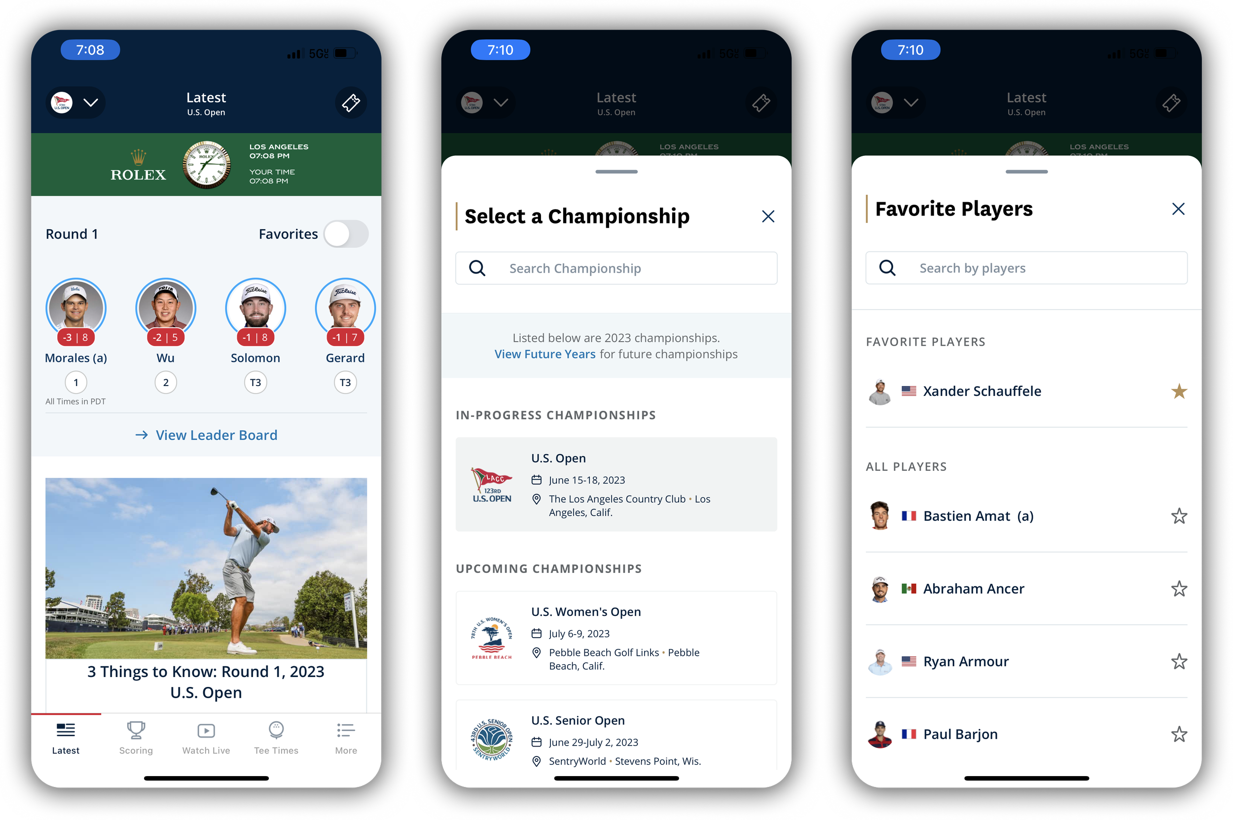 Latest news feed, unified championship selector, and favorite players