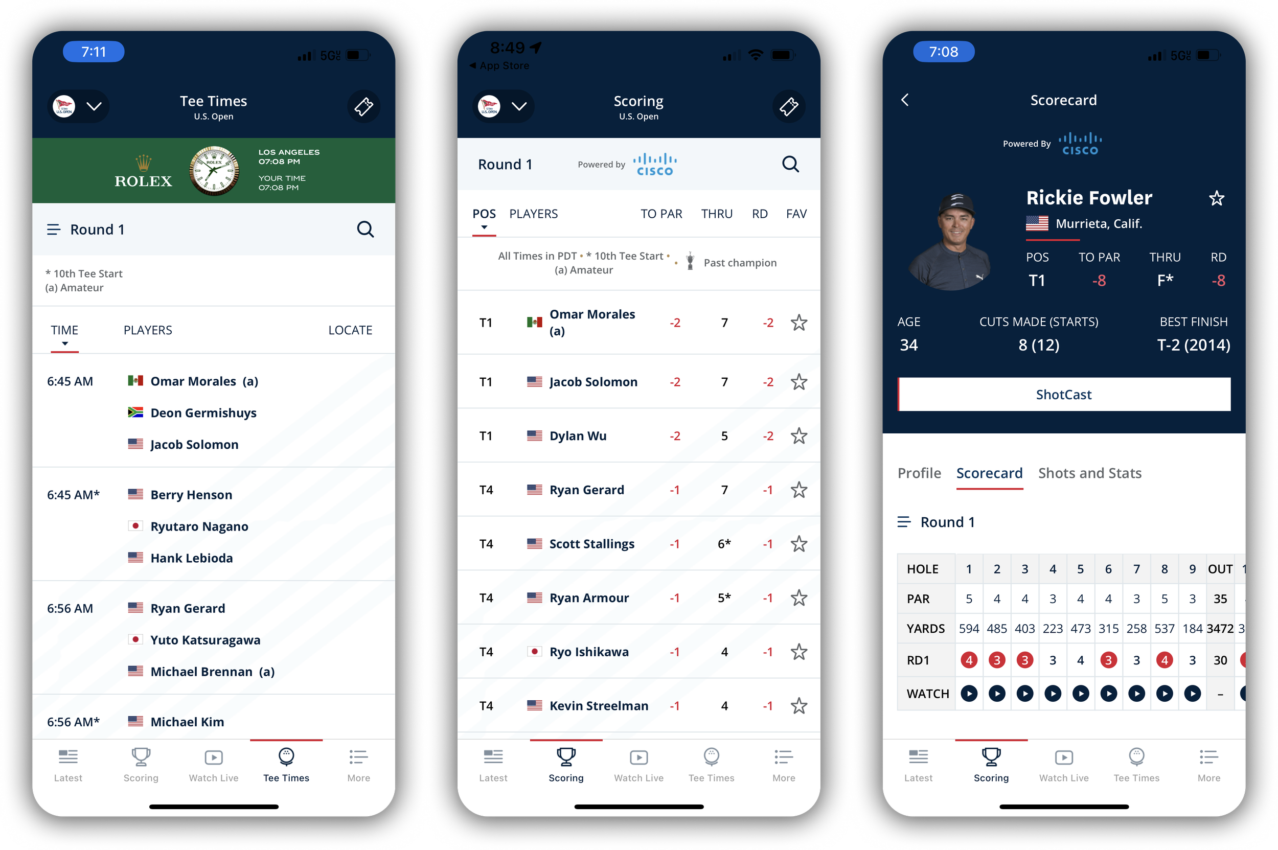 Tee times, live scoring leaderboard, and player scorecard