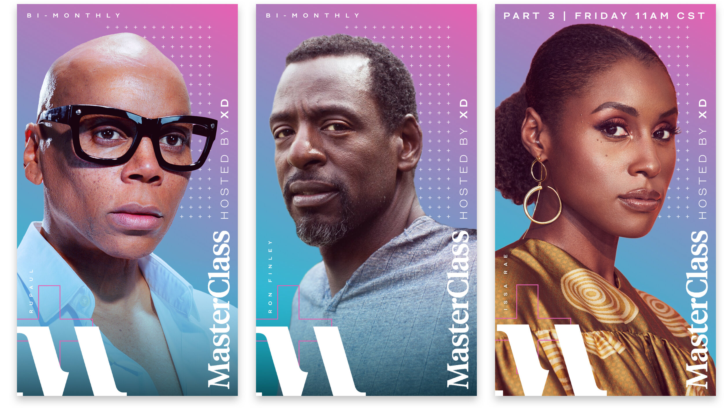 MasterClass bi-monthly hosts — RuPaul, Ron Finley, and Issa Rae