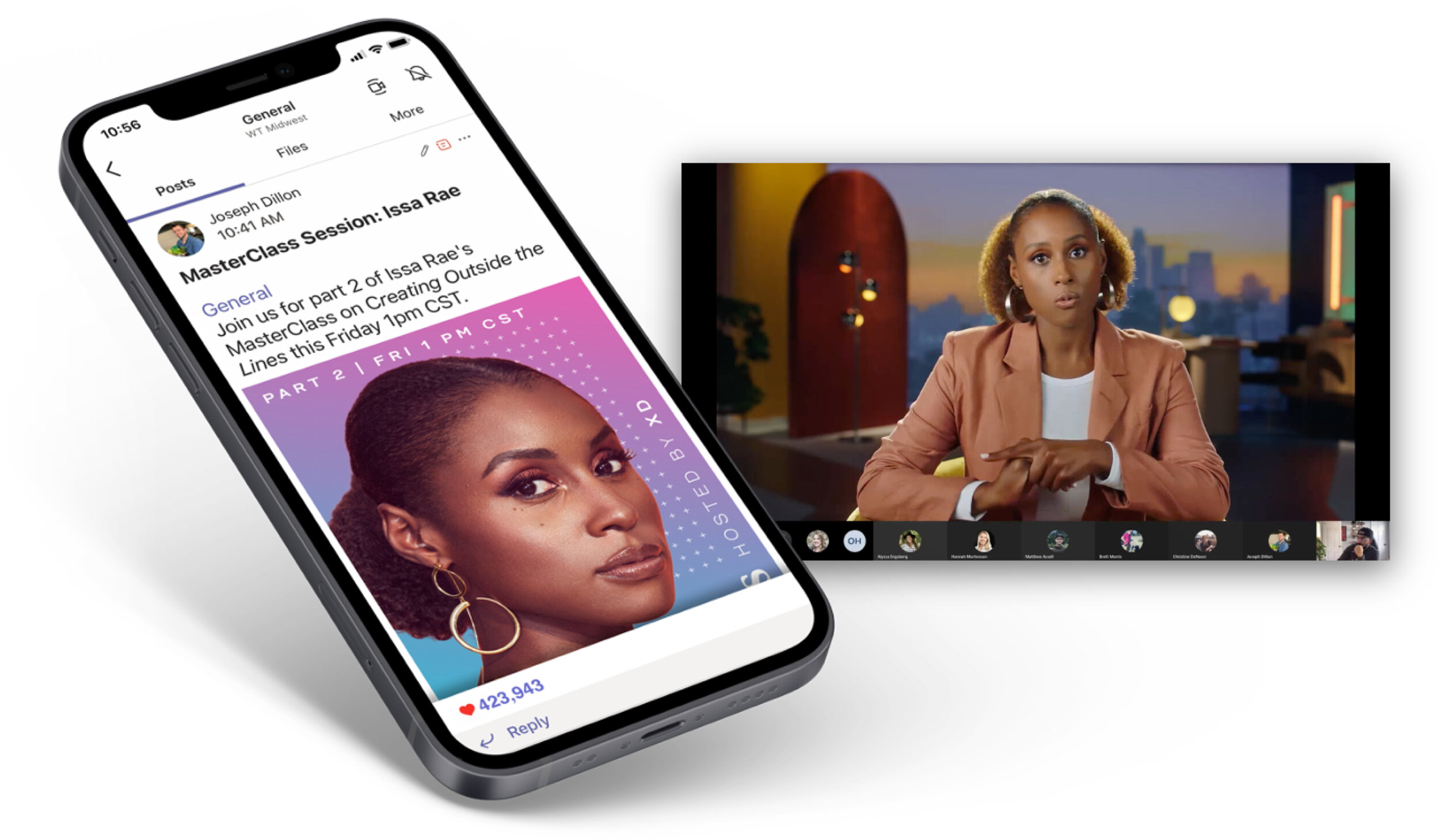 Internal team announcement post and a live MasterClass session with Issa Rae